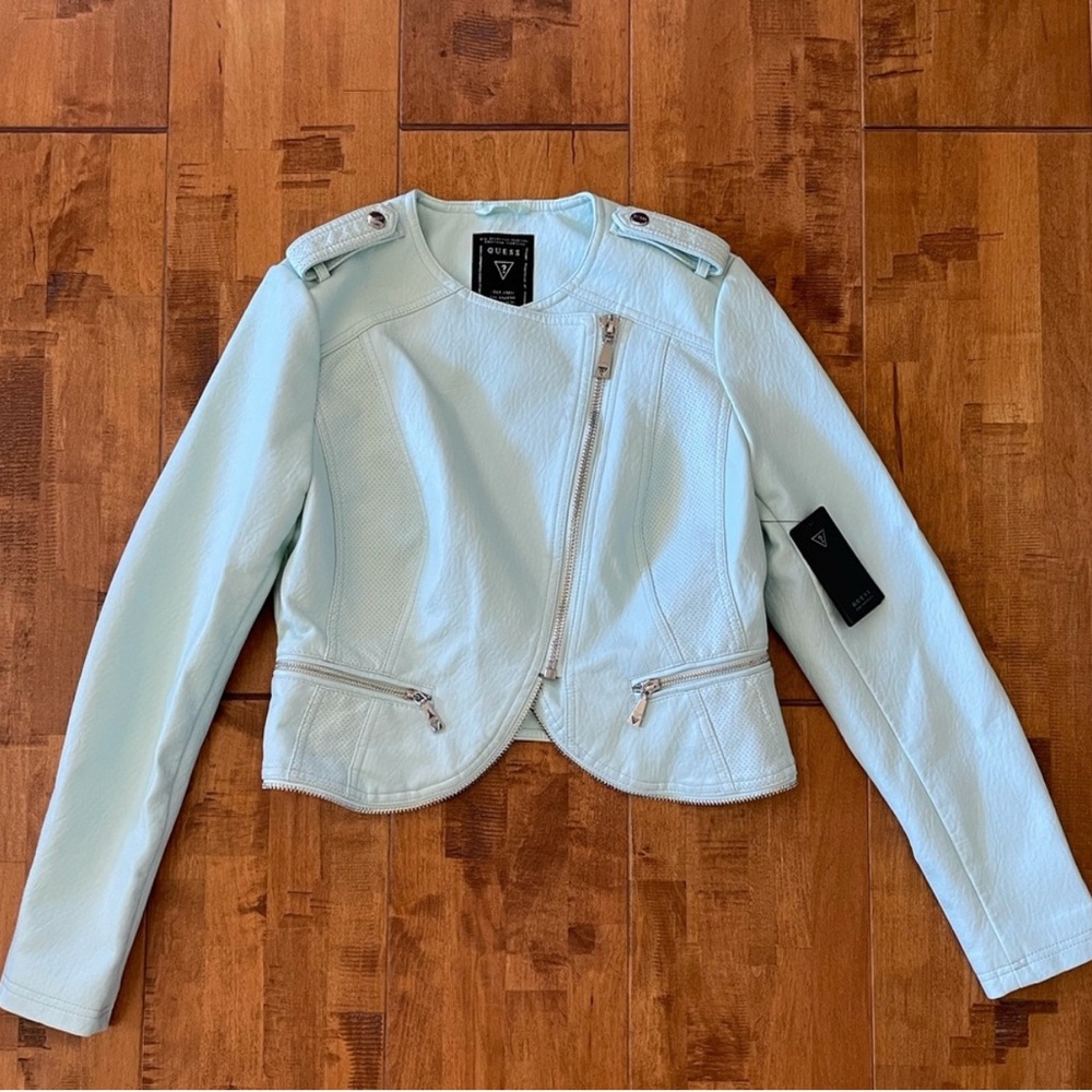 Guess Blue Leather Moto Jacket with Asymmetrical Zipper